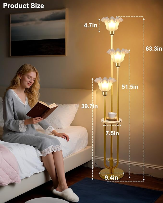 Flower Floor Lamp for Living Room, Vintage Dimmable Floor Lamp with Shelf & LED Bulbs, 3 Light 3000K Warmwhite Mid Century Gold Floral Standing Tall Lamp with 5Lbs Heavy Base for Bedroom