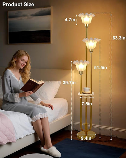 Flower Floor Lamp for Living Room, Vintage Dimmable Floor Lamp with Shelf & LED Bulbs, 3 Light 3000K Warmwhite Mid Century Gold Floral Standing Tall Lamp with 5Lbs Heavy Base for Bedroom
