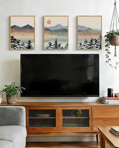 Drsoum Mountain Range Landscape Wall Art Framed Ink Wash Watercolor Nature Wall Decor Laker Sun Rises Prints Bedroom Living Room Ready to Hang 11x14in Natural Framed