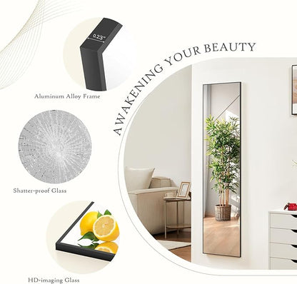 Mirror Full Length, Upgraded 16"x59" Body Wall Mirrors with Shatter-Proof Glass, Floor Standing, Hanging or Leaning, Tall Mirror with Stand Aluminum Alloy Frame for Bedroom, Black