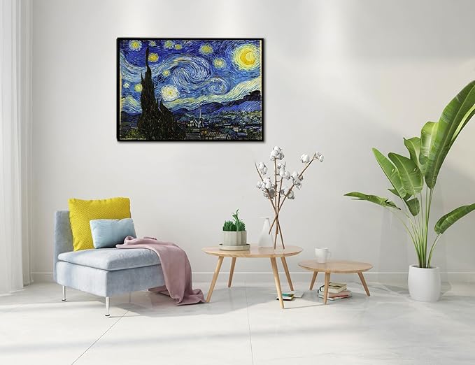 Starry Night Black Framed Wall Art, Vincent Van Gogh Canvas Print art, Classic Paintings Reproduction Pictures Poster, Abstract Artwork for Home Decor 24"x36"