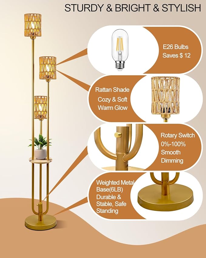 63IN Dimmable Floor Lamp with Shelf, Gold Rattan Tall Standing Lamps Candle Holder Style, 3000K Warmwhite Mid Century Modern Floor Lamp with 5Lbs Heavy Base for Living Room (Bulbs Included)