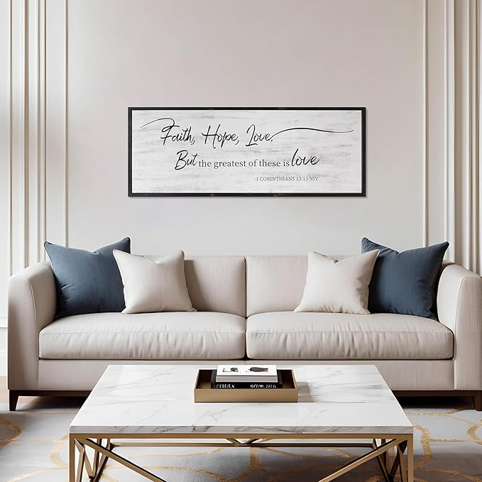 Faith Hope and Love Bible Verses Framed Wall Sign For Family Living Room Kitchen Farmhouse Dining Room Vintage Boho Wall Art Decoration For Living Room Bedroom, 40 x 15 Inch, Black