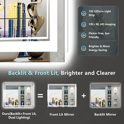 40x30 LED Bathroom Mirror with Lights, Backlit and Front Lit, Anti-Fog Lighted Vanity Mirrors for Bathroom Wall, Dimmable, 3-Color Light, Memory, Shatter-Proof, HD Tempered Glass, CRI＞90