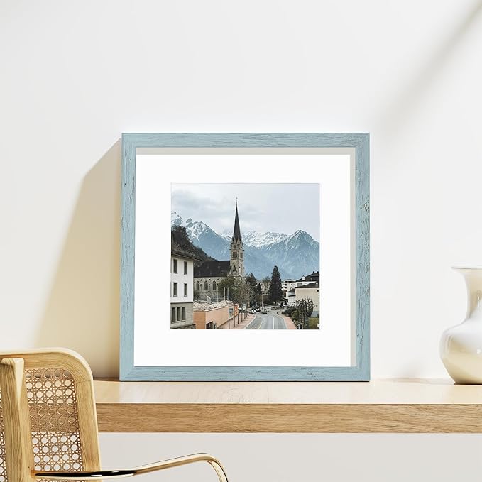 Vittanly 12x12 Picture Frames Set of 9, Display 8x8 Pictures with Mat or 12x12 without Mat, Photo Frames for Wall Mount, Engineered Wood, Rustic Blue