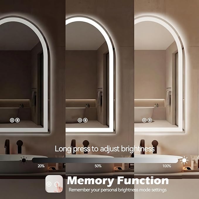 DUMOS 24"×32" LED Bathroom Mirror with Lights, Arched Vanity Mirror with Anti-Fog, Dimmable, 3-Color Light, Memory Function, Front Light and Backlit, Tempered Glass