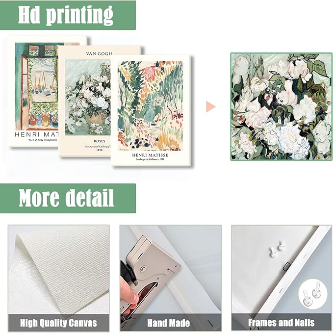 LYPHNX Framed Sage Green Matisse Canvas Wall Art Vintage Abstract Floral Prints Poster Set of 3 Mid Century Aesthetic Flower Artwork Painting Picture Decor for Living Room Bedroom Bathroom 16"x24"