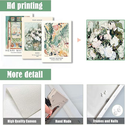 LYPHNX Framed Sage Green Matisse Canvas Wall Art Vintage Abstract Floral Prints Poster Set of 3 Mid Century Aesthetic Flower Artwork Painting Picture Decor for Living Room Bedroom Bathroom 16"x24"