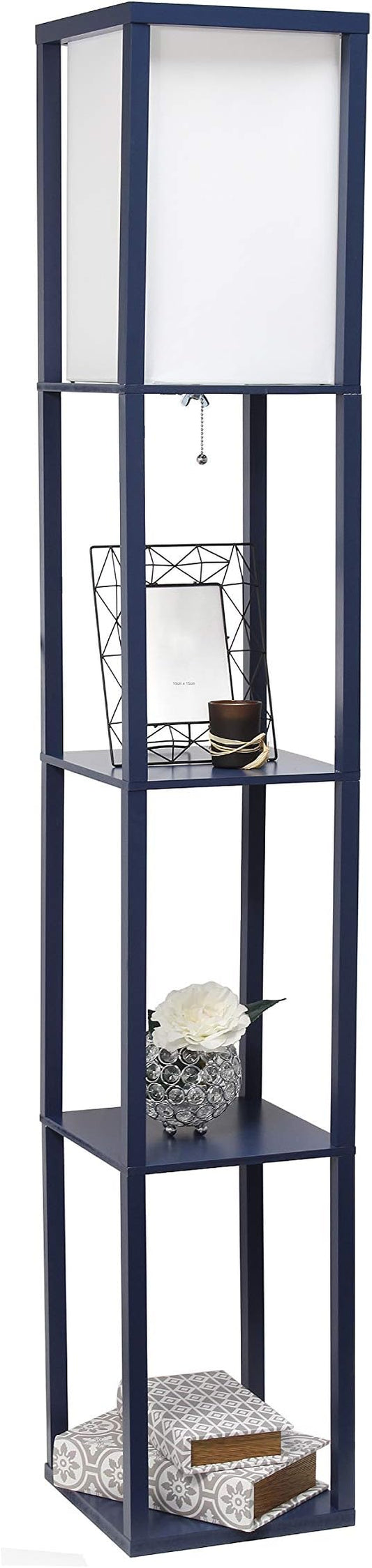 Simple Designs LF1014-NAV Etagere Organizer Storage Shelf Linen Shade Floor Lamp, Navy