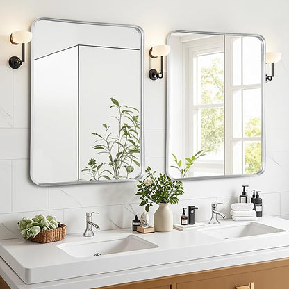 Bathroom Mirror - 24x30 Inch Silver Framed Sink Mirror for Bathroom, Brushed Metal Frame Rectangle Mirror for Restroom, Entryway