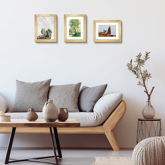 Golden State Art, 6x8 Picture Frame Set of 3 - Matted to 4x6 Photo - Engineered Wood Gallery Frame Set - Wall Mounting or Tabletop Display (Gold, 3 Pack)