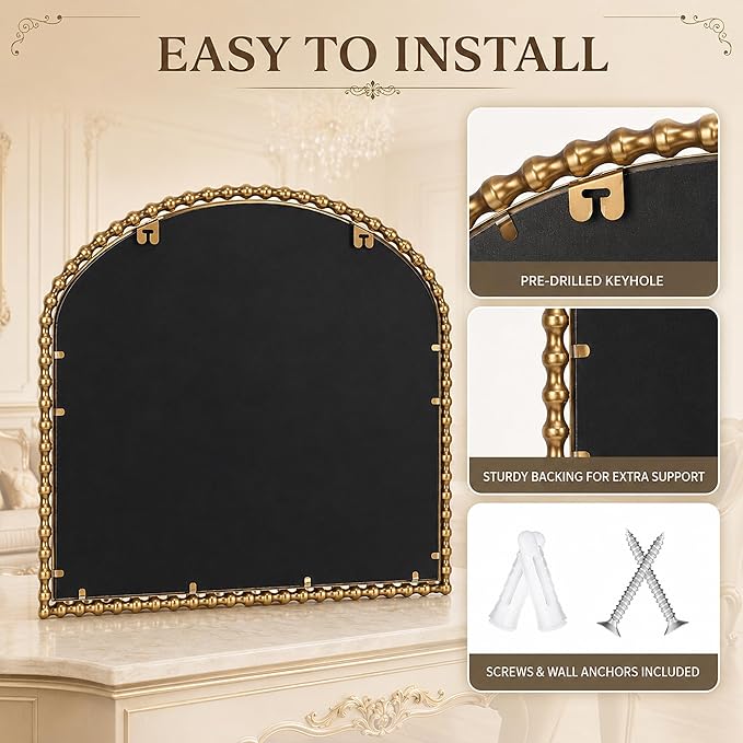 36x28 Inch Wide Arched Wall Mirror with Bold Antique Gold Beaded Frame, Decorative Mantel Mirror for Fireplace or Entryway, Horizontal Hanging Statement Mirror for Living Room Wall Decor