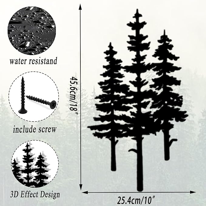 Baitiane Metal Wall Art Decor- Pine Tree Rustic Cabin Decoration - Modern Home Hanging for Living Room, Bedroom, Office, Farmhouse - Elegant Gift Idea for Housewarming Indoor & Outdoor (L) 18"x10"