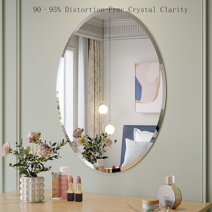 Frameless Oval Mirror, 24x32 Inch Beveled Bathroom Mirrors for Over Sink, Tempered Glass Oval Mirrors for Vanity, Living Room, Bedroom, Entryway