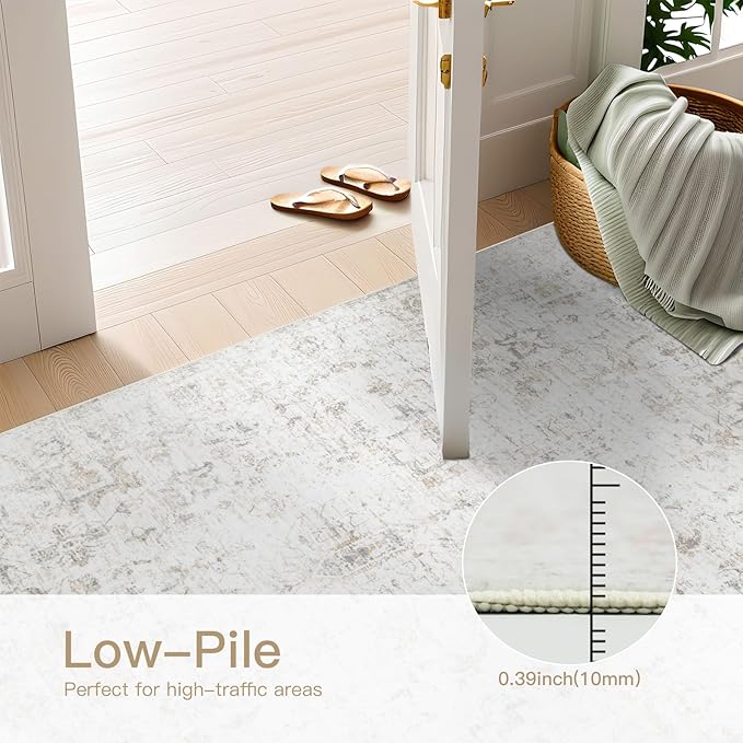 Washable 3×5 Area Rug for Living Room, Vintage Floral Rug Soft Non Slip Stain Resistant Boho Carpet for Bedroom Dinning Room Home Office Beige New