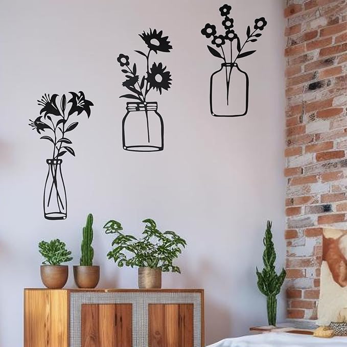 QZGXDECO Black Metal Flower Wall Decor,Metal Vase Wall Art,Minimalist Floral Wall Sculptures,Hanging Decor for Kitchen Dining Room Living Room Bathroom Bedroom(11.5'' X 3PCS)