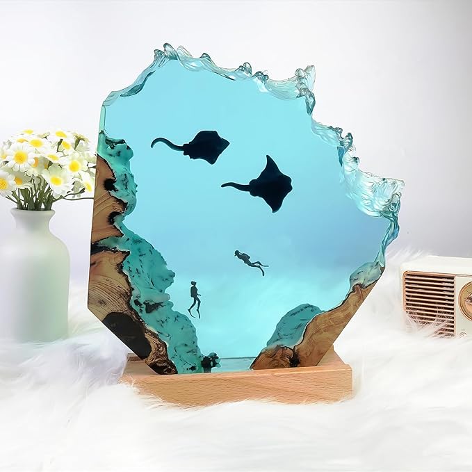 Epoxy Resin Lamp, Ocean Night Light,Artistry Home Decor Bedside Nightlight, Unique Resin Lighting, Nightstand Decorations for Bedroom, Suitable for Holidays(Delifish & Divers)