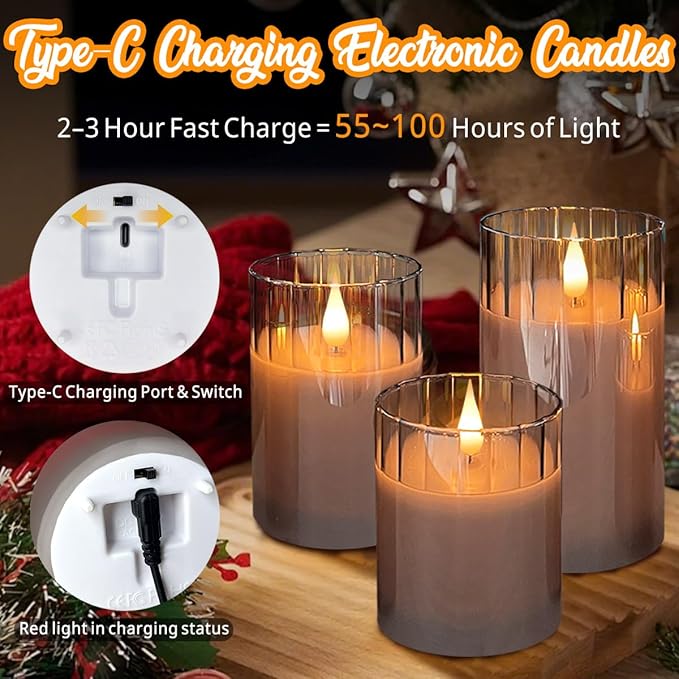 LEDHOLYT Rechargeable Flameless Candle, Flashing LED Pillar Real Wax Candle with Remote Control and Timer, Grey Stripes Glass Electronic Candles for Room Decoration, 1 Set of 3