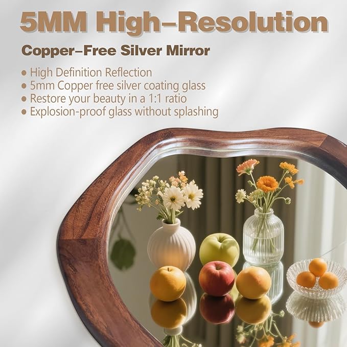 Irregular Wall Mirror 40"x24", Walnut Asymmetrical Mirror, Wood Bathroom Mirrors Wall Mounted, Wall Mirrors Decorative for Living Room, Bedroom, Bathroom, Hallway, Entryway