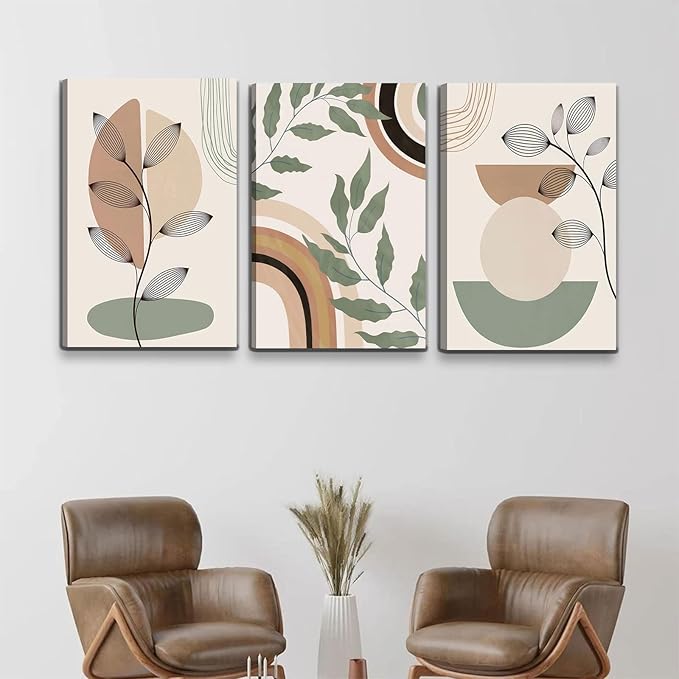 3 pcs Framed Boho Canvas Wall Art Green Sage Botanical Painting Wall Decor Pictures Mid Century Modern Minimalist poster print for Living Room Bedroom Bathroom Home Decoration