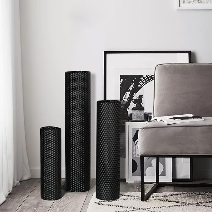 Dnnnii Tall Floor Vases Set of 3 - Black Metal Cylinder Vases for Living Room Corner, Modern Honeycomb Texture, Extra Large Standing Decor (Tallest 27.6in, Home Bedroom Dining Decor)
