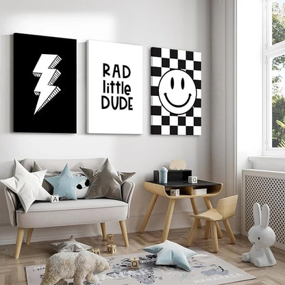 Boys Room Wall Art Decor Toddler Nursery Canvas Wall Art Baby Kids Wall Decor Black Checkered Smiley Poster Pictures Retro Playroom Rad Little Dud Art Prints for Bedroom 12x16x3 Inch Framed