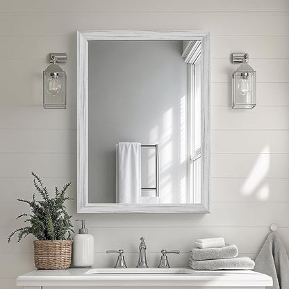 White Grey Wood Effect Framed Wall Mirror, 22x30 Rectangle Mirror, Anti-desilvering Tempered Glass, Sturdy Frame, Farmhouse Mirror, Anti-Rust, 3min Fast Setup for Bathroom Living Room