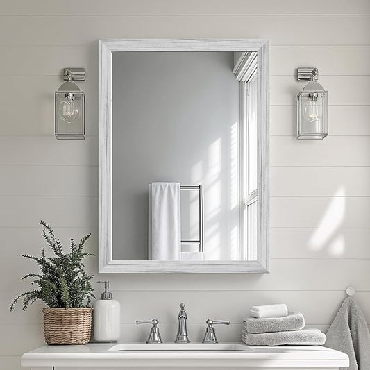White Grey Wood Effect Framed Wall Mirror, 22x30 Rectangle Mirror, Anti-desilvering Tempered Glass, Sturdy Frame, Farmhouse Mirror, Anti-Rust, 3min Fast Setup for Bathroom Living Room