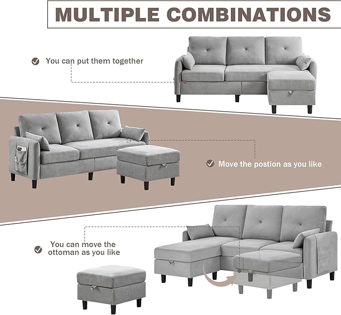 Convertible Sectional Sofa, 77" Small L Shaped 3 Seat Couch with Reversible Storage Chaise, Modern Polyester Fabric Sofa Couches for Living Room, Apartment and Small Space
