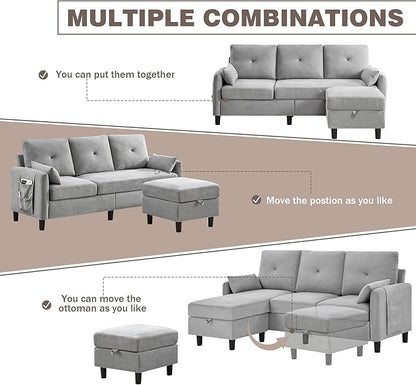 Convertible Sectional Sofa, 77" Small L Shaped 3 Seat Couch with Reversible Storage Chaise, Modern Polyester Fabric Sofa Couches for Living Room, Apartment and Small Space