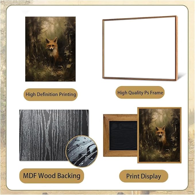 Djmwtb Framed Wall Art Vintage Wall Decor Fox Canvas Art Animal Pictures Wildlife Paintings Forest Prints Huntings Artwork for Bedroom Living Room