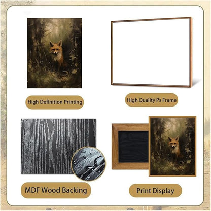 Djmwtb Vintage Framed Wall Art Fox Canvas Wall Art Prints Forest Animal Pictures Dark Academia Painting Wall Decor Artwork for Living Room Bedroom Bathroom Office 16x24in