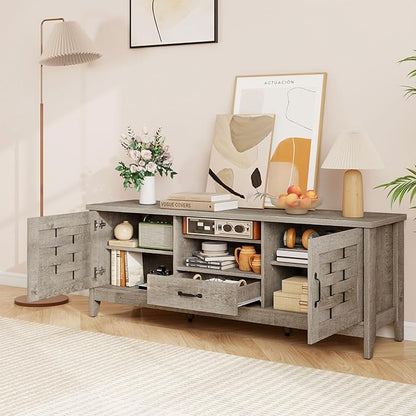 Giantex Farmhouse TV Stand for 65 Inch TVs, 59" Wood Entertainment Center with 2 Woven Accent Doors, Storage Drawer & 3 Adjustable Shelves, Media Console Table for Living Room, Bedroom (Rustic Oak)