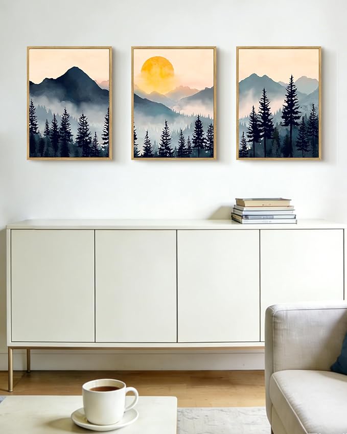 PHOPAGO Blue Fog Pine Tree Mountain Landscape Framed Wall Art Retro Watercolor Nature Misty Forest Artwork Paints Sun Rise Rustic Farmhouse Home Decor - 12x16in Natural Framed