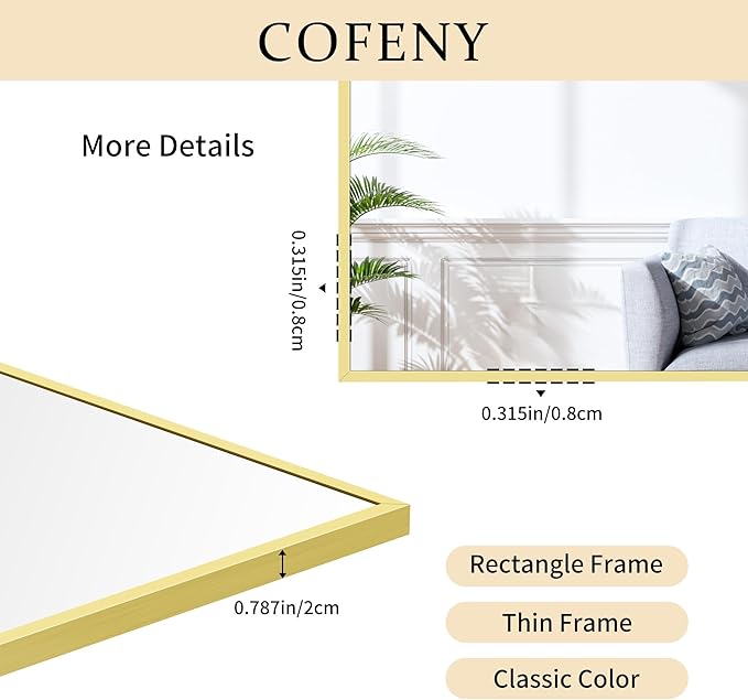 COFENY 30x55In Gold Bathroom Mirror for Wall, Brushed Gold Rectangle Mirrors with Metal Frame, Bathroom Rectangular Mirror Modern Wall Mirror for Bedroom Living Room, Hangs Horizontal or Vertical