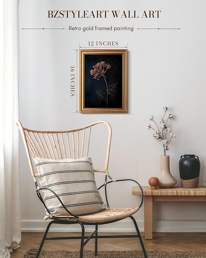 Bzstyleart Vintage Wall Art Decor for Living Room, Gold Framed Canvas Wall Art Home Decor Aesthetic Wild Carrot Flower Vintage Botanical Flower Prints, Canvas Picture Print Artwork, 12 x 16 Inch