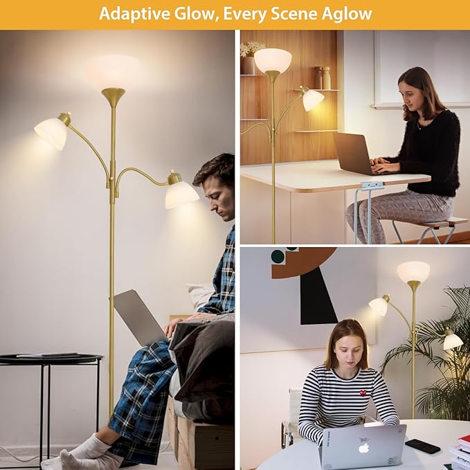 RISLG Floor Lamps for Living Room,Standing Lamp with Stepless Dimming, 3 Lights Adjustable Reading Lights, Morden Tall Lamps for Living Room, Bedroom, Office, Gold