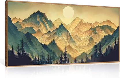 Mountains Forests Framed Canvas Wall Art Set,Abstract Sun Woodland Painting,Boho Scenery Sun Wall Decor,Natural Woodgrain Art Print for Living Room,Bedroom,Dining Room,Office - 20"x40"