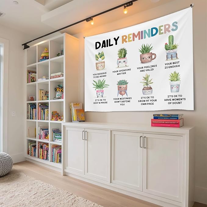 Daily Reminders Wall Tapestry, Cute Plant Mental Health Banner with Inspirational Quotes, Soft Flannel Tapestry Wall Hanging Decor for Bedroom Living Room,Kids Room Decoration 51x59 Inch (Colorful-Daily remingders)