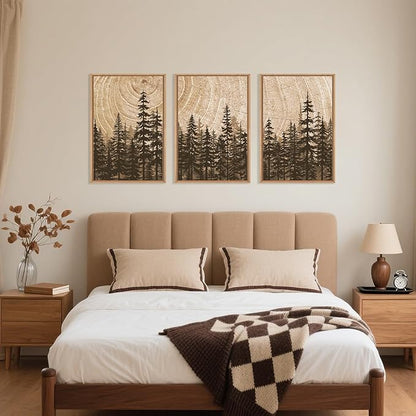 Forest Pine Tree Framed Canvas Wall Art Set,Rustic Woodland Landscape Wall Decor,Large Vintage Natural Painting,Retro Brown Artwork for Living Room,Bedroom, Kitchen,Study,Office-16 x24 x3