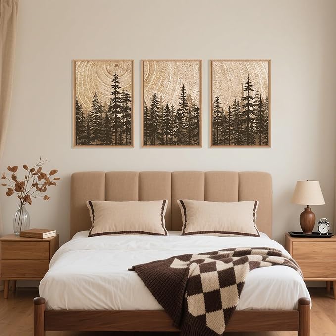 Forest Pine Tree Framed Canvas Wall Art Set,Rustic Woodland Landscape Wall Decor,Large Vintage Natural Painting,Retro Brown Artwork for Living Room,Bedroom, Kitchen,Study,Office-24 x36 x3