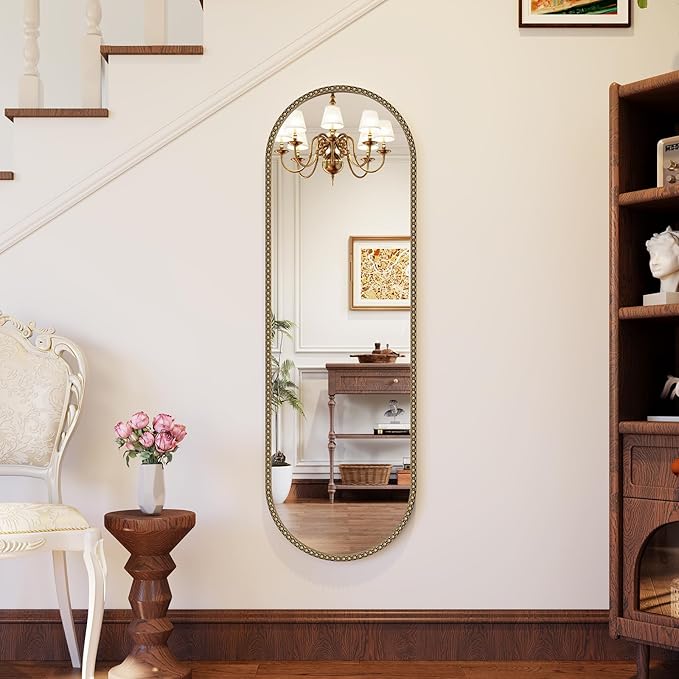Champagne Bronze Bathroom Mirror, 16x48 Inch Vintage Gold Beaded Oval Full Length Mirrors, Antique Brass Decorative Mirror for Living Room, Bedroom, Entryway, Fireplace