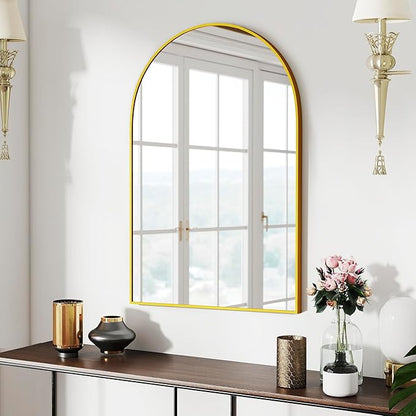 SCWF-GZ 24x36 Arch Mirror Rectangle Full Length Wall Mounted Hanging or Against Wall Metal Aluminum Alloy Frame Dressing Make-up Mirrors for Entryway Bedroom Bathroom Living Room 24 36 inch Gold