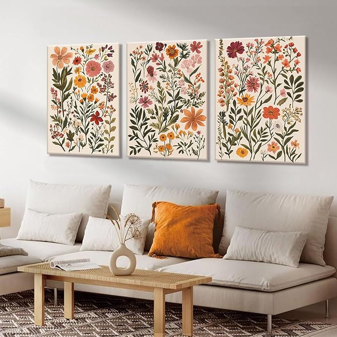 KISSFOX 3 Piece Boho Floral Canvas Wall Art For Bedroom Cottagecore Wild Flower Wall Art Colorful Nature Modern Botanical Art Prints For Nursery Living Room,16x24 in