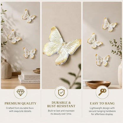 GUSFREUD 3D Butterfly Wall Decor Set – Resin Wall Decorations for Living Room, Bedroom, Garden, Yard, Outdoor and Gallery Walls - Ivory Gold - Set of 3
