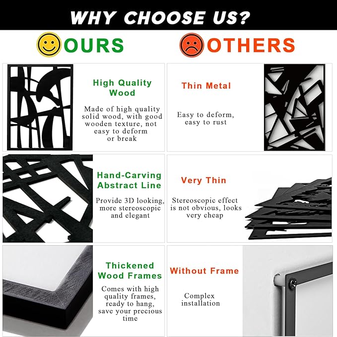 3D Wood Abstract Wall Art, Framed Black and White Wall Art, Modern Minimalist Black Wall Decor for Living Room Bedroom Bathroom Dining Room (Ready to Hang, 12x16 inches, Set of 3, Framed)