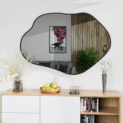 41"x28" Irregular Wall Mirror Cloud Asymmetrical Shaped Black Aluminum Alloy Framed Mirror for Living Room Bathroom Bedroom Entryway Fireplace
