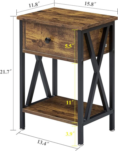 VECELO End Tables, Modern Nightstand with Drawer & Shelf, Night Stand for Bedroom Living Room,Industrial Metal Frame