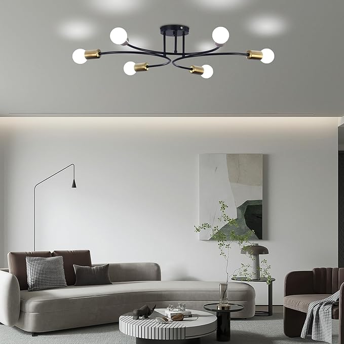 FRIXCHUR Modern Semi Flush Mount Ceiling Light Fixture 6-Lights Sputnik Chandelier Light Black and Gold Close to Ceiling Light Fixture for Living Room Bedroom Kitchen