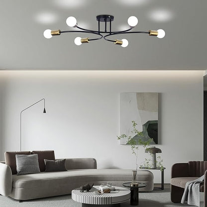 FRIXCHUR Modern Semi Flush Mount Ceiling Light Fixture 6-Lights Sputnik Chandelier Light Black and Gold Close to Ceiling Light Fixture for Living Room Bedroom Kitchen